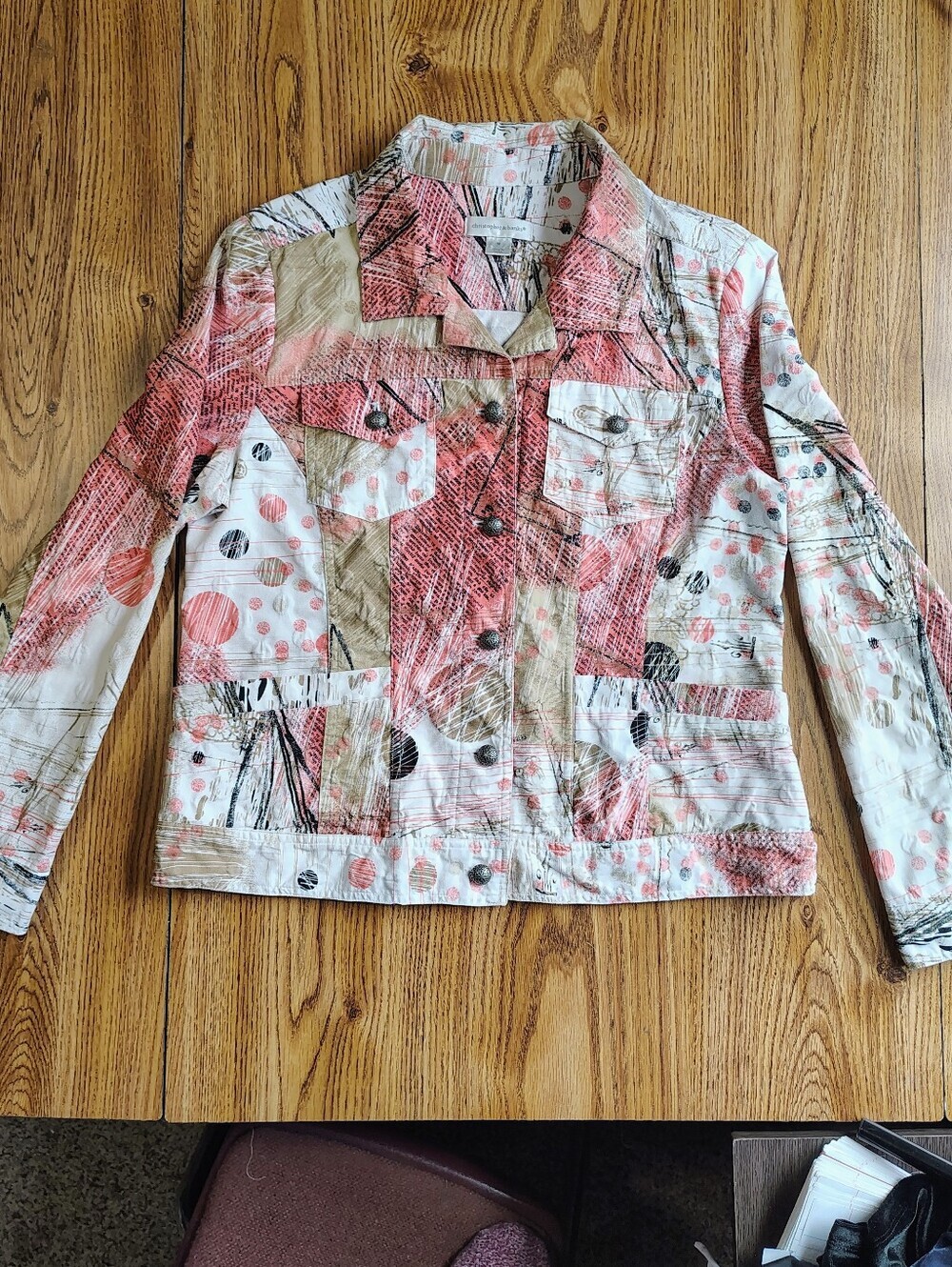 Christopher Banks abstract print button-front denim jacket Coral Cream sz M. - Picture 6 of 11